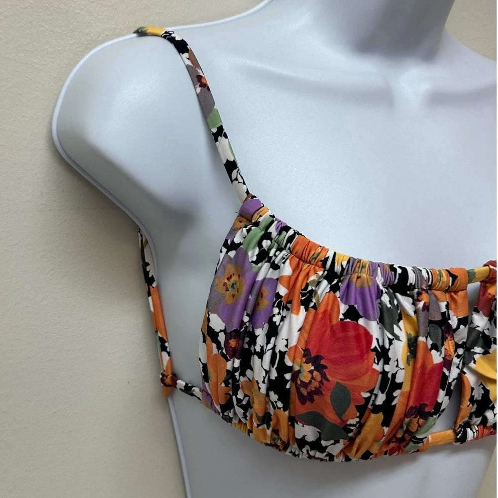 L*Space Monica Anthropologie Floral Ruched Keyhole Bikini Top Orange Purple M